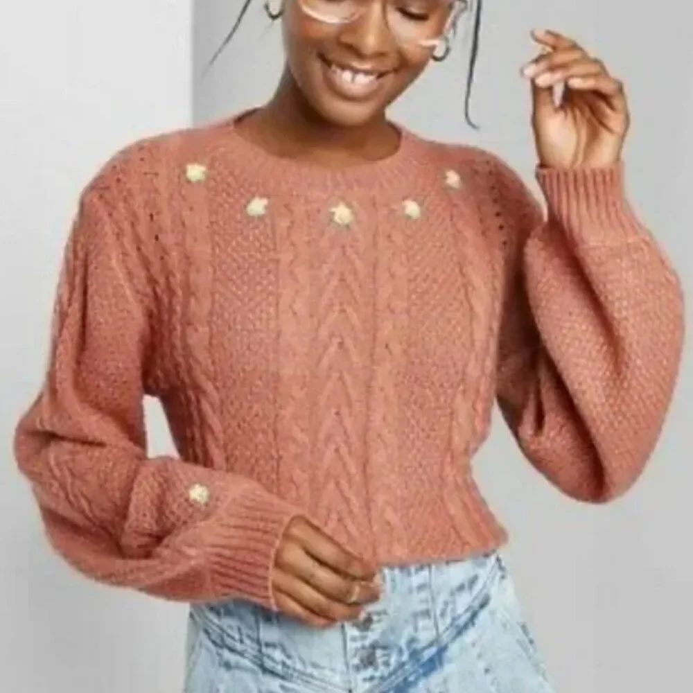 Wild Fable Cable Knit Embroidery Sweater Size M Brown Floral Crew Balloon Sleeve